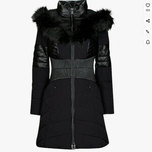 NWT Guess Women's Long Puffer Jacket for Winter with Hood Black